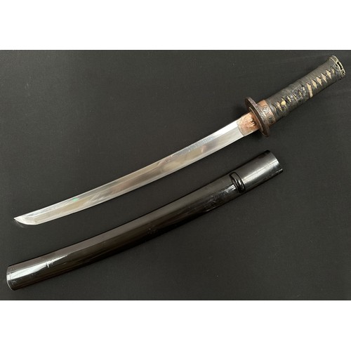 2085 - Japanese Wakizashi Sword with single edged blade 370mm in length with faint almost straight Hamon li... 