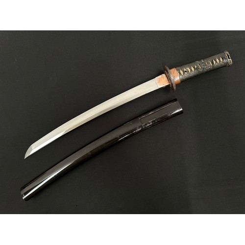 2085 - Japanese Wakizashi Sword with single edged blade 370mm in length with faint almost straight Hamon li... 