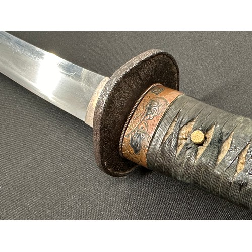 2085 - Japanese Wakizashi Sword with single edged blade 370mm in length with faint almost straight Hamon li... 