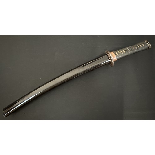 2085 - Japanese Wakizashi Sword with single edged blade 370mm in length with faint almost straight Hamon li... 