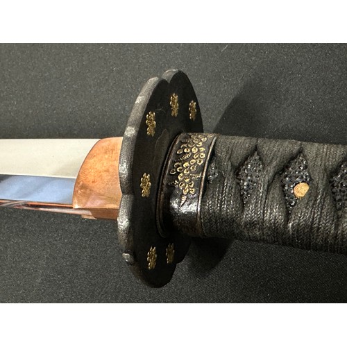 2091 - Japanese Katana Sword with single edged blade with very good Hamon line 676mm in length. Two holes t... 