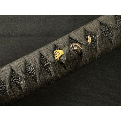 2091 - Japanese Katana Sword with single edged blade with very good Hamon line 676mm in length. Two holes t... 