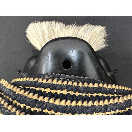 2096 - Japanese Samurai Menpo or Me no shita Facial Armour. Black laquered finish with gilt decoration and ... 