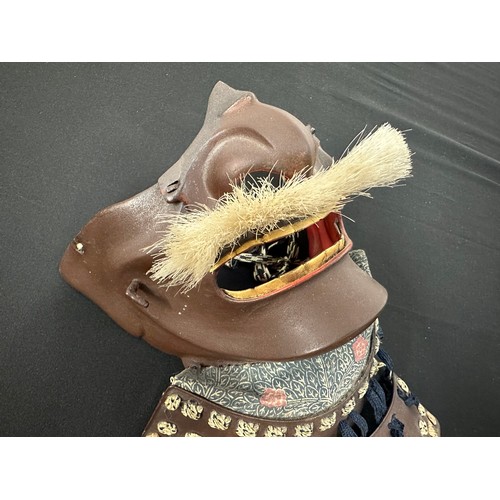 2099 - Japanese Samurai Menpo or Me no shita ho facial armour with brown lacquer finish and bristle moustac... 