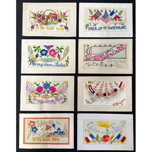 2107 - WW1 British Silk Postcards. Eight examples. Most have inscriptions in pencil on the reverse to wives... 