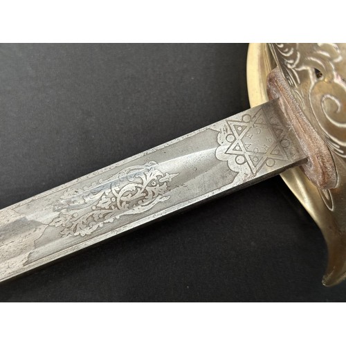 2117 - WW1 British Officers 1897 pattern Sword with fullered single edged blade with etched decoration to b... 