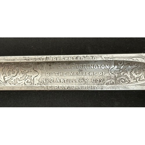 2122 - WW1 British Artillery Officers Sword with presentation etched single edged fullered blade 827mm in l... 