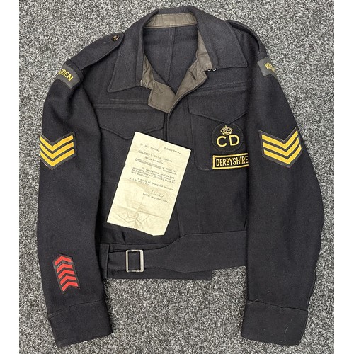 2156 - WW2 Blouse ARP 57 with printed Warden shoulder titles. Printed Sgt's stripes to sleeves. Embroidered... 