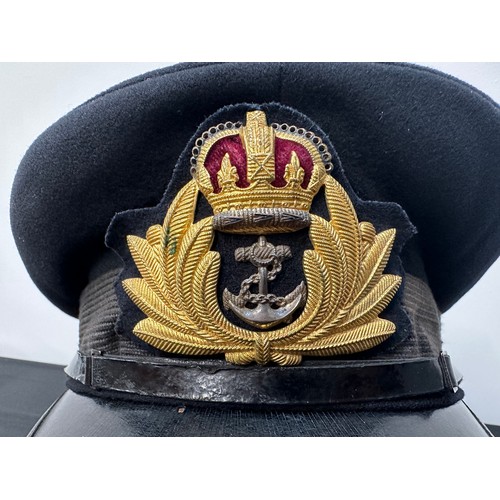 2178 - WW2 British Royal Navy Officers Service Dress Cap in navy blue wool. Complete with Kings Crown Cap b... 