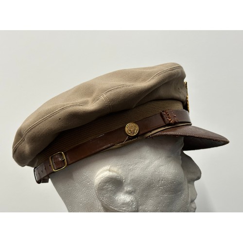 2181 - WW2 USAAF/US Army Chino Crusher Cap. Soft brown leather visor with chin strap and strap to rear of c... 