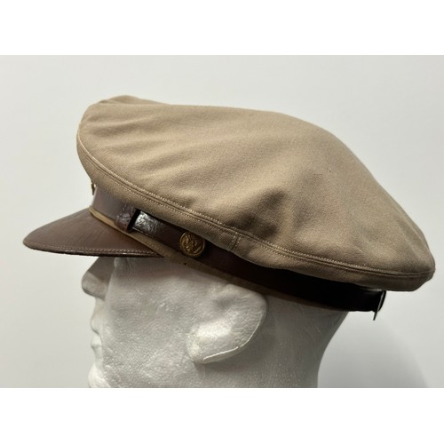 2181 - WW2 USAAF/US Army Chino Crusher Cap. Soft brown leather visor with chin strap and strap to rear of c... 