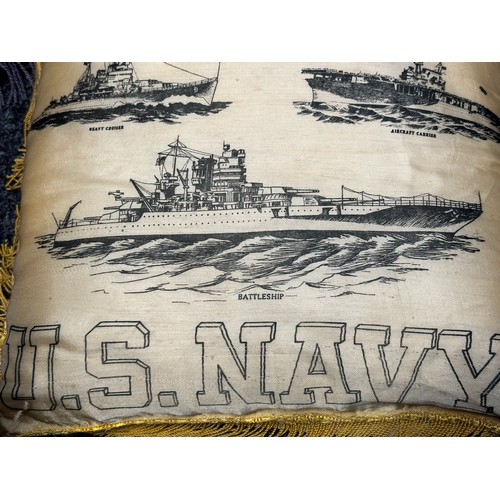 2188 - US Navy Sweetheart Cushions x 3. Two are screen printed. The other is multi part construction made w... 