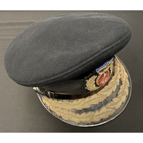 2198 - WW2 British Merchant Navy Officers Cap. Missing the leather sweatband. Gold wire embroidery to the p... 