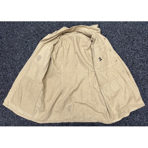 2229 - WW2 British Khaki Drill Airtex Jacket. Dated 12/1942.  One internal pocket. Approx. 36 inch chest. A... 