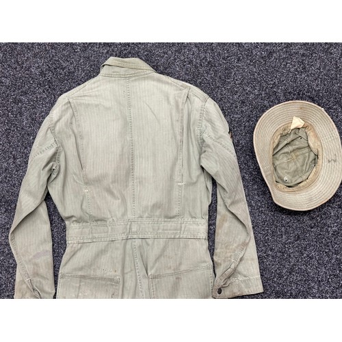 2232 - WW2 US Army HBT Coveralls with Tech 5th Grade rank stripes. Complete with belt and all buttons. Labe... 