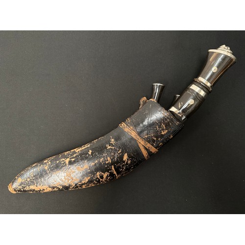 2286 - Kukri Knife with plated single edged blade wth some punch mark decoration, 300mm in length. Horn gri... 