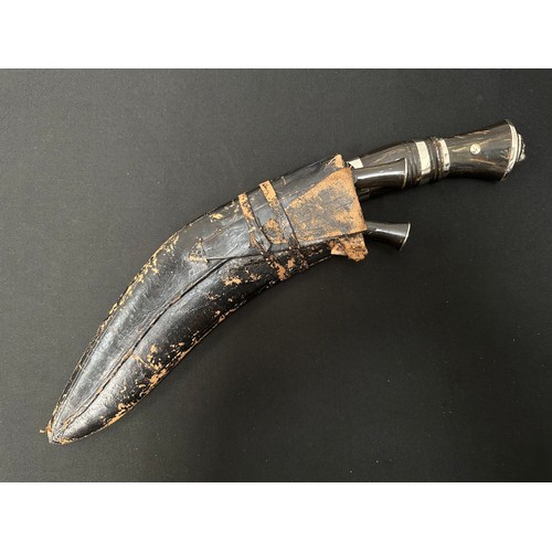 2286 - Kukri Knife with plated single edged blade wth some punch mark decoration, 300mm in length. Horn gri... 