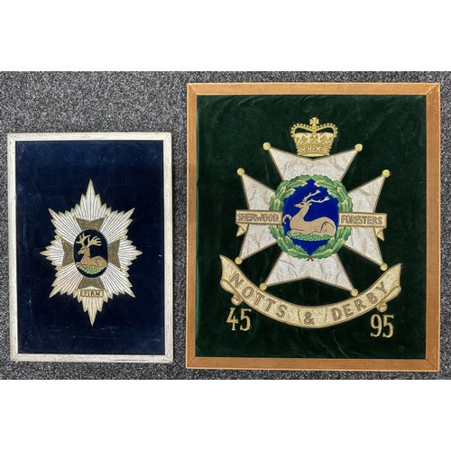 2299 - Pair of bullion wire embroideries one for Sherwood Foresters Notts & Derbys Regiment 45 -95. Green v... 