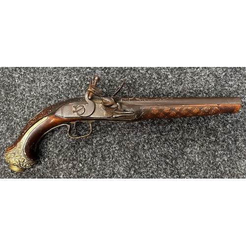 2325 - Flintlock pistol with 220mm long barrel. Bore approx. 17mm. Action not working. Overall length 380mm... 