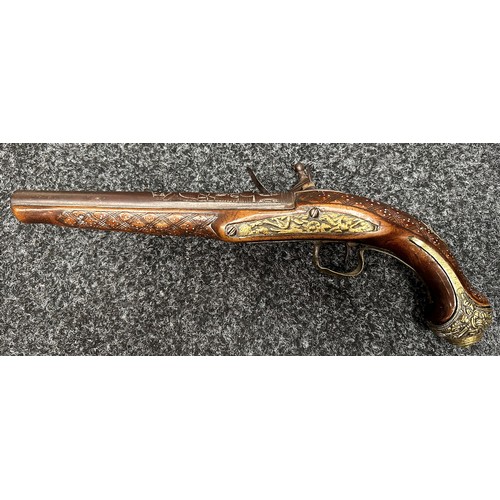 2325 - Flintlock pistol with 220mm long barrel. Bore approx. 17mm. Action not working. Overall length 380mm... 