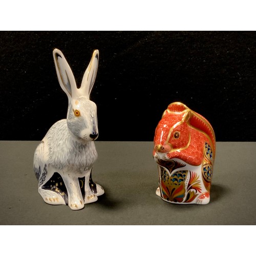 2 - Royal Crown Derby Paperweights - Red Squirrel, gold stopper;  Starlight Hare, gold stopper (2).