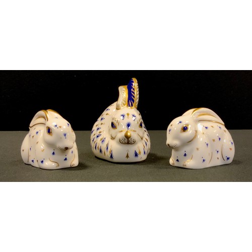3 - Royal Crown Derby Paperweights - Blue and gold bunny rabbit;  a pair of small bunnies, all silver st... 