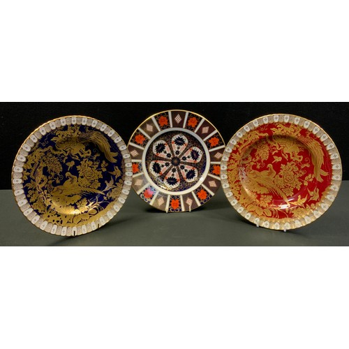 13 - A Royal Crown Derby 1128 Imari dinner plate,  pair of Avesbury plates, red and blue, all firsts (3)