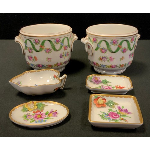 18 - A pair of Dresden porcelain planters, decorated with Roses and Ribbon swags, moulded handles, printe... 