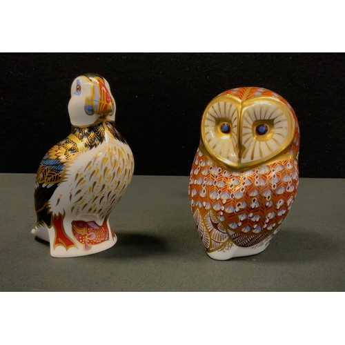 23 - Royal Crown Derby Paperweights - Barn owl, Puffin, both gold stoppers (2)