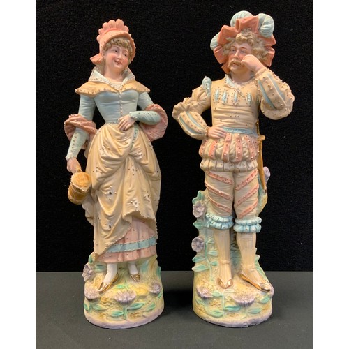 50 - A pair of 19th century continental bisque porcelain figures, as Dandy Swordsman and companion, impre... 