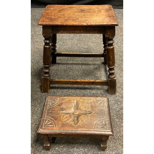 57 - A 19th century chip-carved spinning chair, turned legs, 93cm high;  19th century oak stool;  etc, (3... 