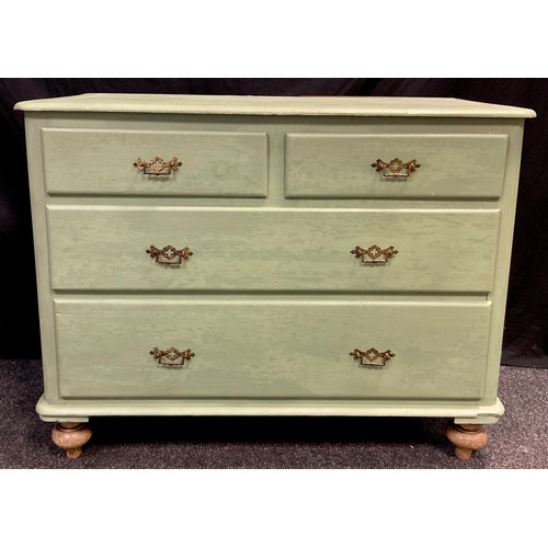 68 - A Victorian painted pine chest of drawers, having two short, over two graduated long drawers, brass ... 