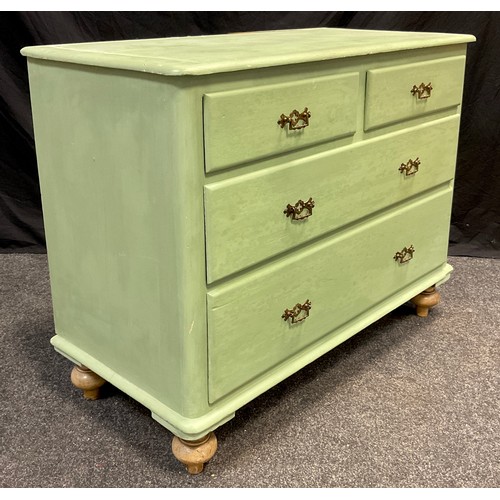 68 - A Victorian painted pine chest of drawers, having two short, over two graduated long drawers, brass ... 