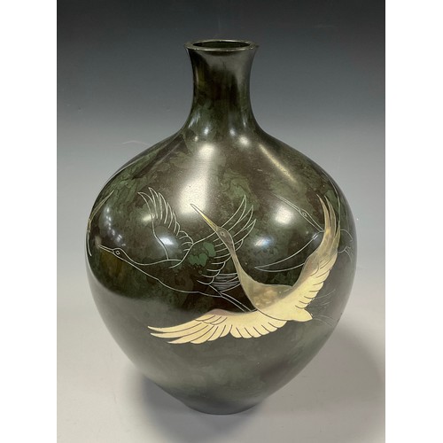 71 - A contemporary Japanese bronze vase, having a good patination in tones of deep to light green, with ... 