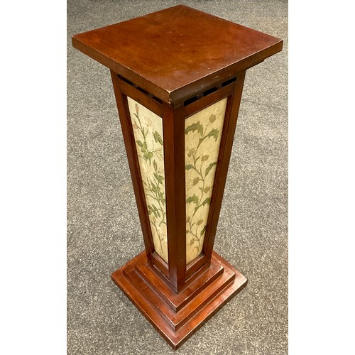 72 - A 19th century mahogany torchere/jardinere stand, square tapering column inset with needlework flora... 