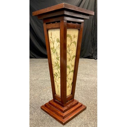 72 - A 19th century mahogany torchere/jardinere stand, square tapering column inset with needlework flora... 