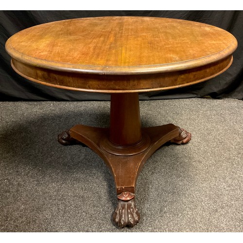 74 - A Victorian mahogany centre table, circular tilt-top, large tapered cylindrical pedestal, tri-form b... 