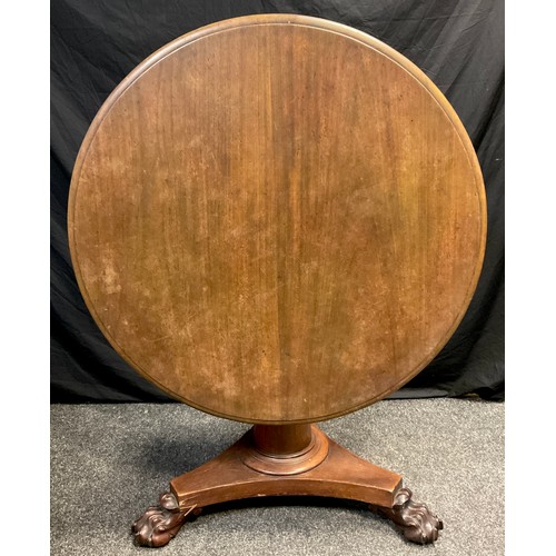 74 - A Victorian mahogany centre table, circular tilt-top, large tapered cylindrical pedestal, tri-form b... 