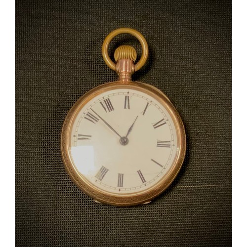 397 - A yellow metal cased open face pocket watch, white enamel dial, bold Roman numerals, stem wind movem... 