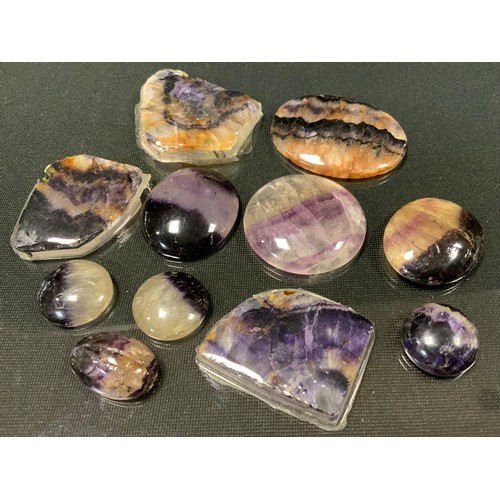 420 - Blue john flourite unmounted loose gemstones, oval and circular cabochon cut,  free form sections et... 