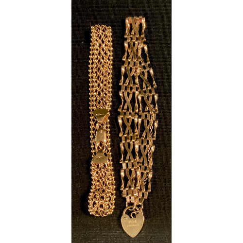 430 - A 9ct gold fancy link bracelet, another gate bracelet, 10g (2)