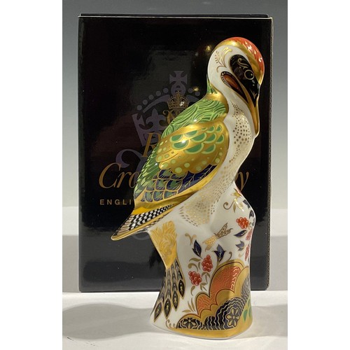 57 - A Royal Crown Derby paperweight, Green Woodpecker, gold stopper, boxed