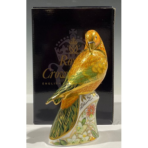 63 - A Royal Crown Derby paperweight, Sun Parakeet, gold stopper, boxed