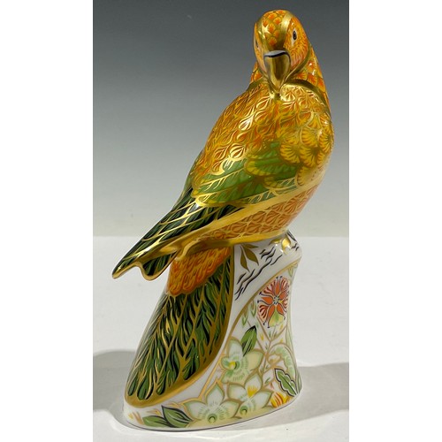 63 - A Royal Crown Derby paperweight, Sun Parakeet, gold stopper, boxed