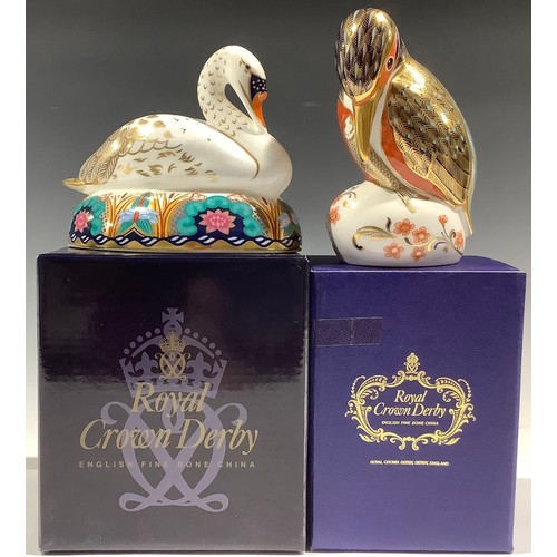 70 - A Royal Crown Derby paperweight, Swan, gold stopper, boxed; another, Kingfisher, gold stopper, boxed... 