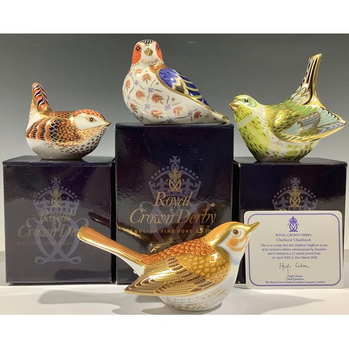 75 - A Royal Crown Derby paperweight, Greenfinch, gold stopper, boxed; others, Chelford Chaffinch, Sincla... 