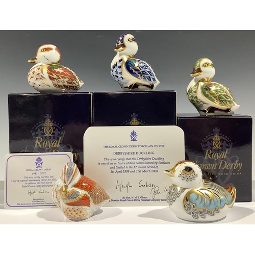 76 - A Royal Crown Derby paperweight, Derbyshire Duckling, Sinclair exclusive, gold stopper, boxed; other... 