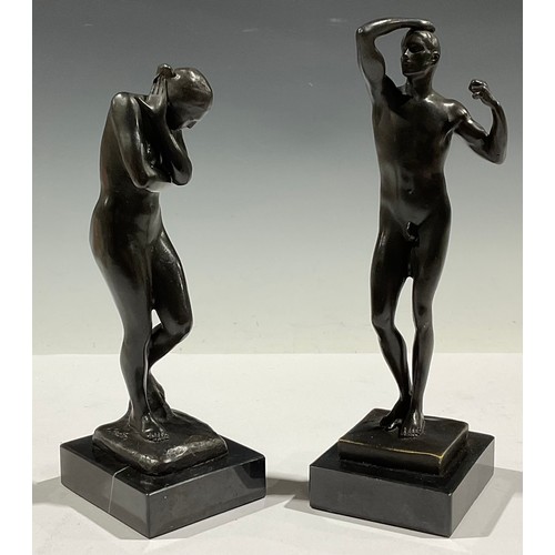 77 - A pair of male and female bronze nudes, after Rodin