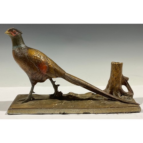 81 - A cold painted bronze table lighter, as a pheasant