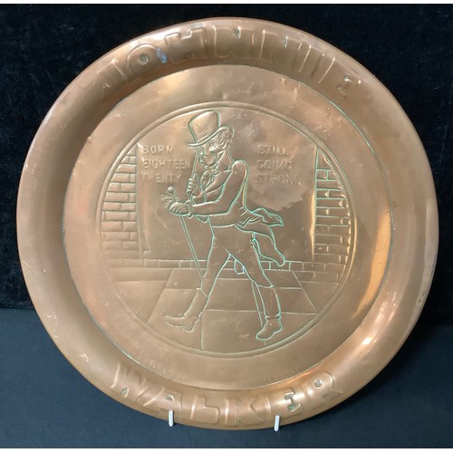 91 - Advertising - Breweriana - a copper tray, Johnnie Walker Whisky, 34cm diam